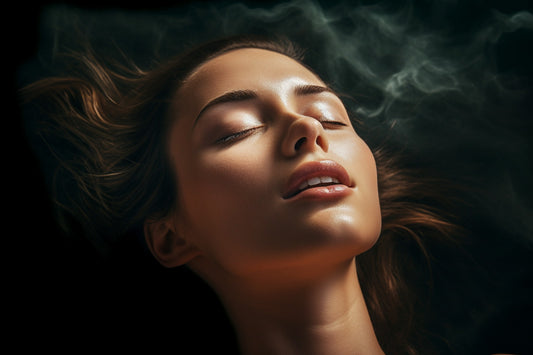 Woman face photography, lying on the back having an orgasm