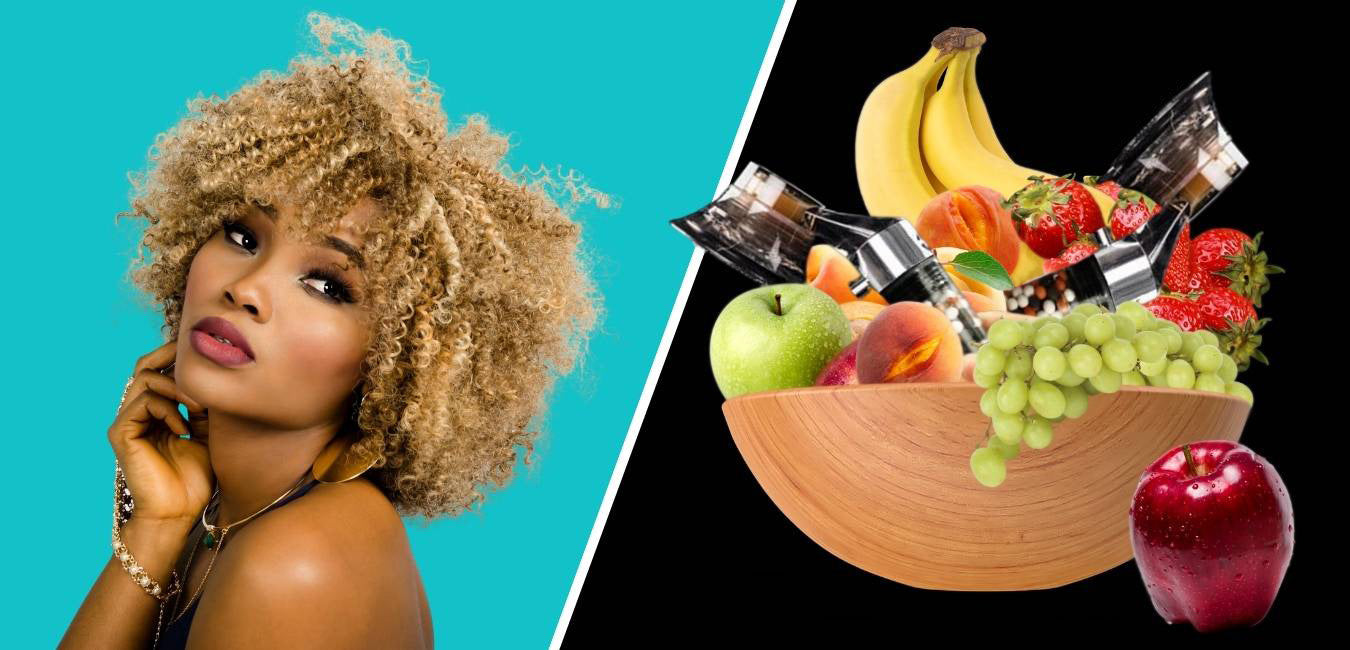 The bust of a beautiful woman on the left of the image, left a basket of fruit including two shower head representing the fruity pleasure.