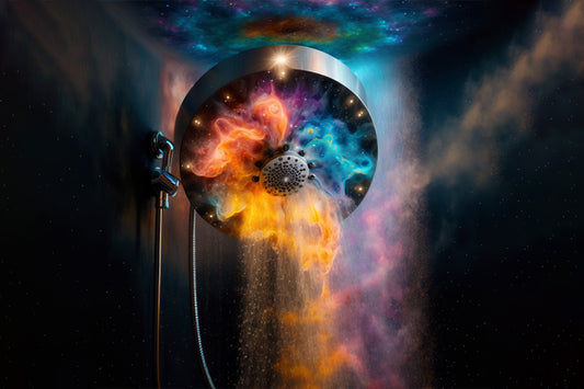 Illustration shower head in a galaxy shower and raimbow colorful dust spray