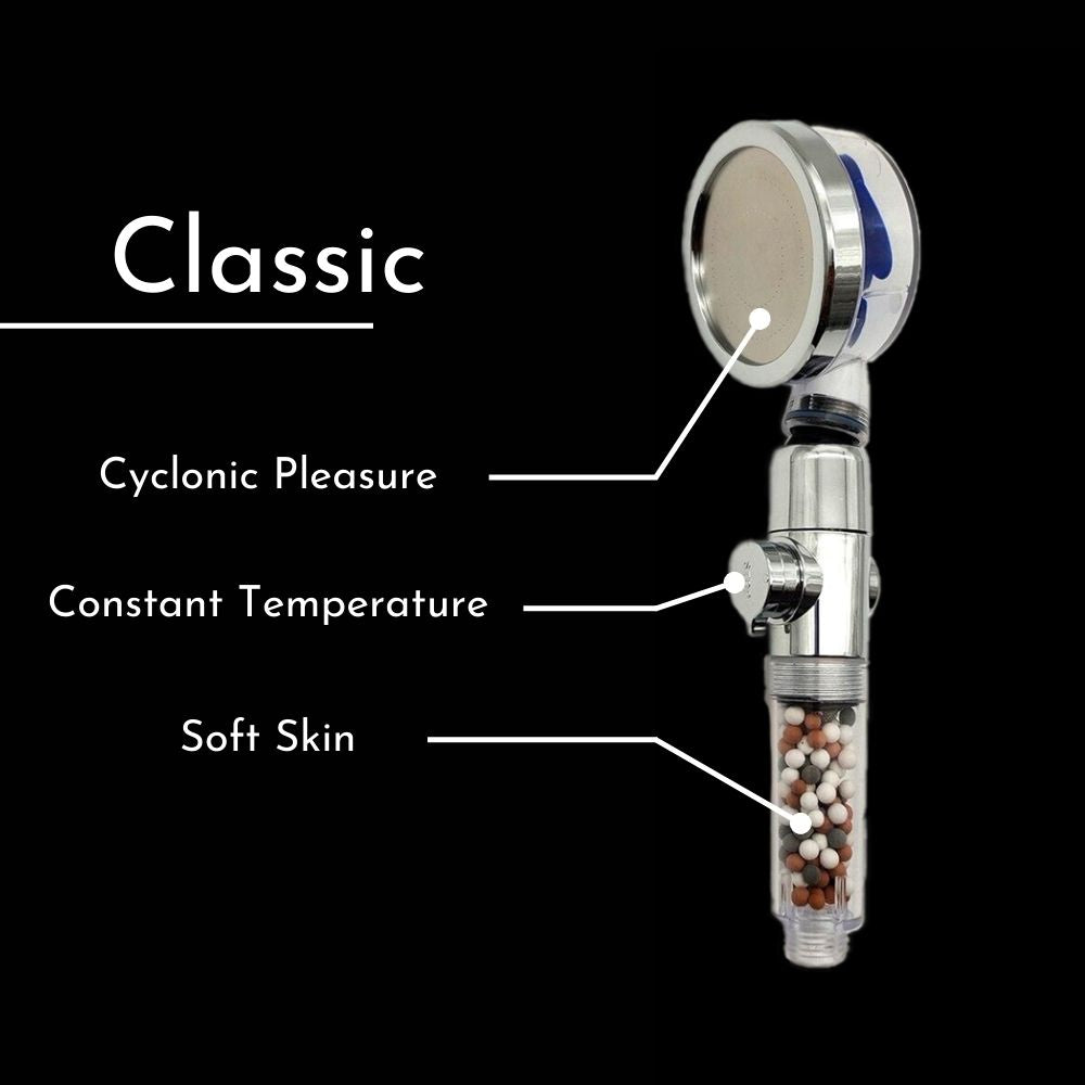 The best high-pressure shower head, with a classic design, a swivel head, a cyclone-shaped high-pressure jet, a handle with a stop button that also allows you to adjust the pressure, filtering beads to soften the water on your skin. You have a Cyclone jet, a constant temperature and a mineral filter.