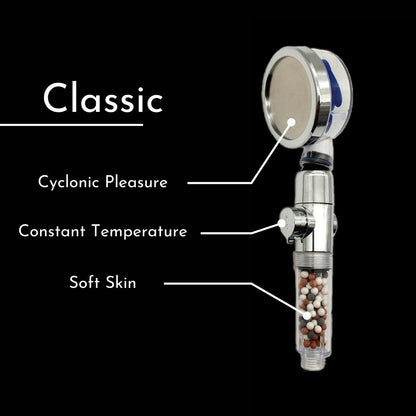 The best high-pressure shower head, with a classic design, a swivel head, a cyclone-shaped high-pressure jet, a handle with a stop button that also allows you to adjust the pressure, filtering beads to soften the water on your skin. You have a Cyclone jet, a constant temperature and a mineral filter.