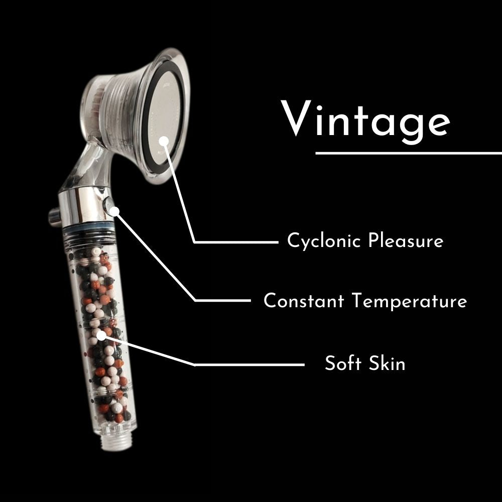 Best high pressure shower head, with vintage design, cyclone shaped high pressure jet, handle with stop button, filter beads to soften the water on your skin. Cyclone jet, keep constant temperature, mineral softener.
