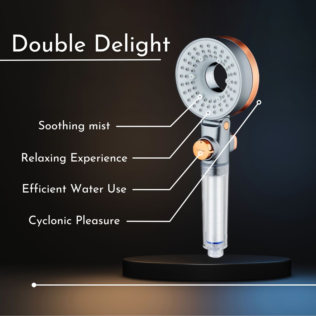 Double side shower head from cyclone shower - 3modes : mist, rain, cyclone jet shape. On/off bouton, adjustable water flow, coton filter