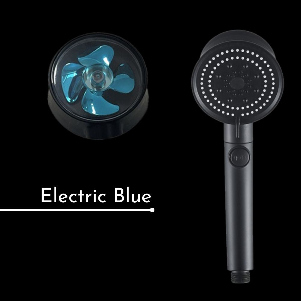 Electric Blue Shower Head propeller in a matte black and 5 modes shower head by Cyclone Shower ™
