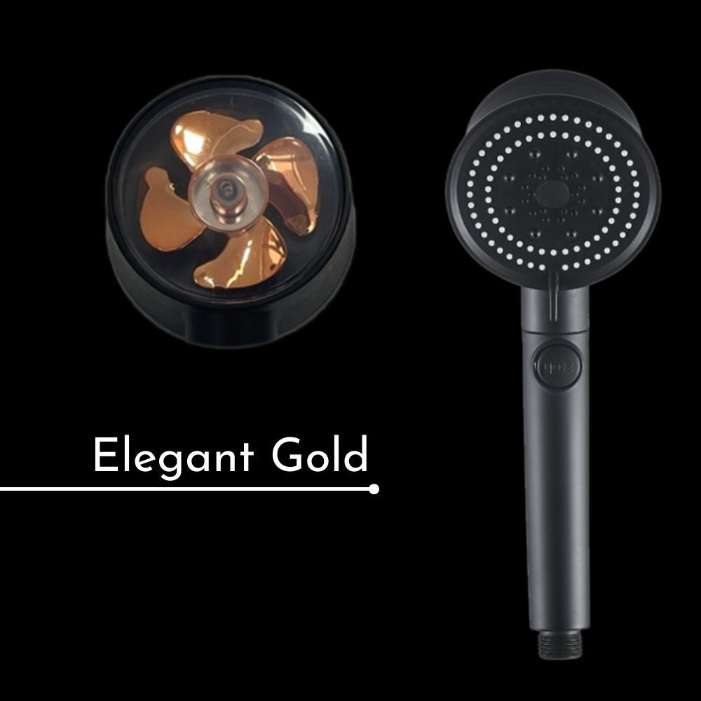 Elegant Gold Shower Head propeller in a matte black and 5 modes shower head by Cyclone Shower ™