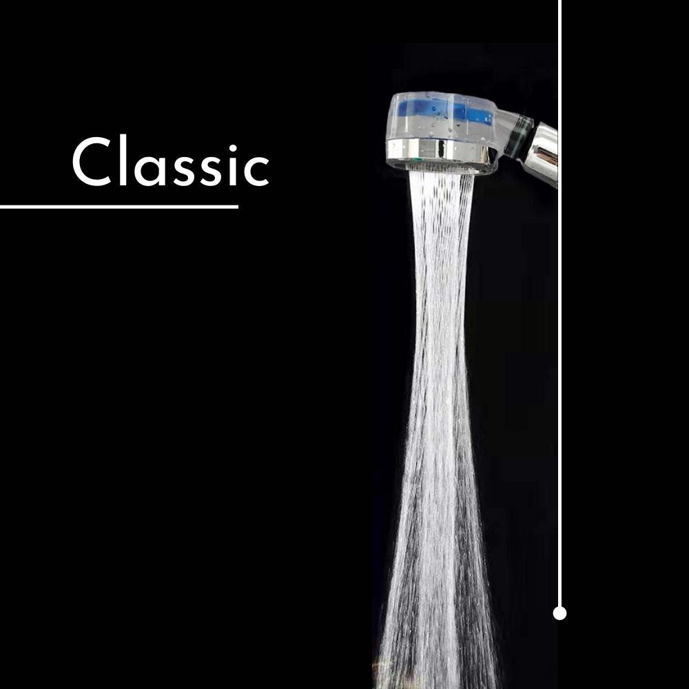 The best high-pressure turbocharged shower head, with a classic design, a swivel head, a cyclone-shaped high-pressure jet, a handle with a stop button that also allows you to adjust the pressure, filtering beads to soften the water on your skin.