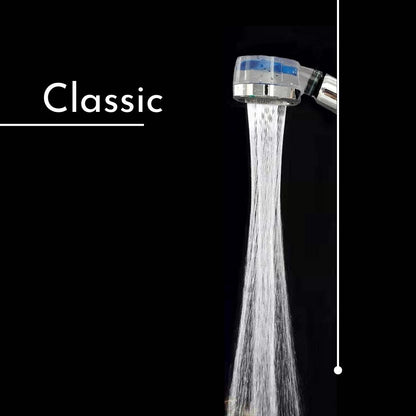 The best high-pressure turbocharged shower head, with a classic design, a swivel head, a cyclone-shaped high-pressure jet, a handle with a stop button that also allows you to adjust the pressure, filtering beads to soften the water on your skin.